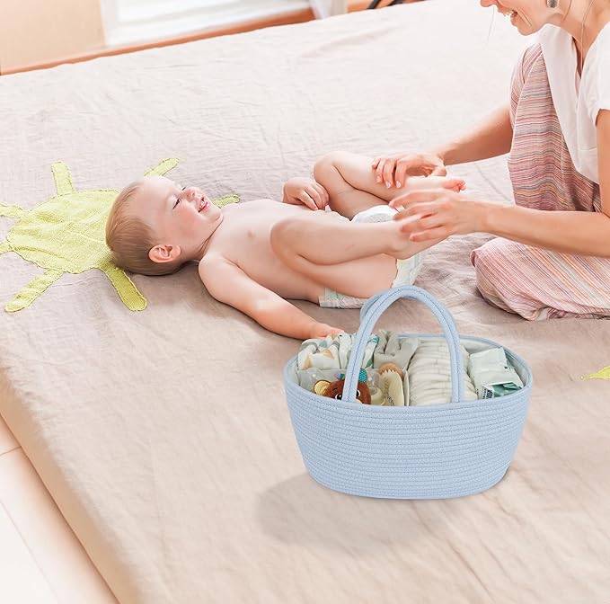 Diaper Caddy Organizer Cotton Rope Baby Basket Nursery Storage and Portable Tote Bag for Car Ideal Baby Shower Gifts and Registry Must-Have for Newborn Essentials Large blue