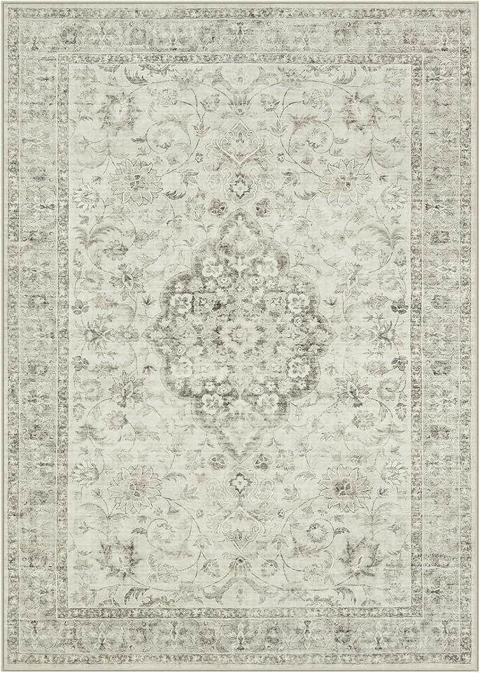 LIVEBOX Washable Area Rug 5x7 Rugs for Living Room Bedroom, Non-Slip Boho Indoor Carpet for Dining Room Office, Low-Pile Farmhouse Soft Carpets for Kids Nursery Room Playroom, Taupe