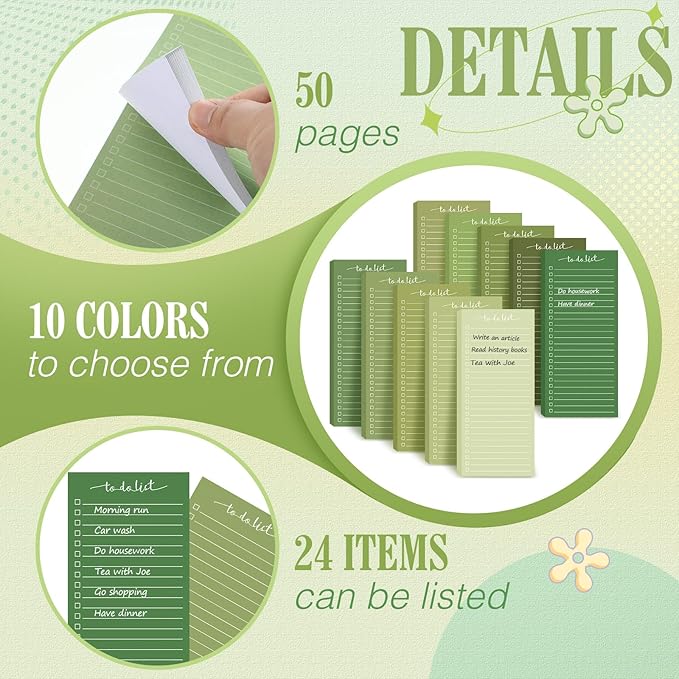 Censen 10 Pack 500 Sheets To Do List Notes Daily Checklist Notepads with 50 Sheets Each Undated Color Memo Pad Block Shopping List Pad Weekly Plan Notepad Organizer Planners(Gradient Green,Lined)