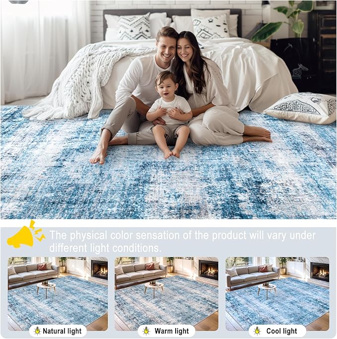 Area Rugs 9x12 Living Room - Washable Rug Modern Abstract Soft Large Neutral Non-Slip Carpet Indoor Floor Thin Carpets for Bedroom Dining Room Farmhouse Nursery Home Office Blue Grey