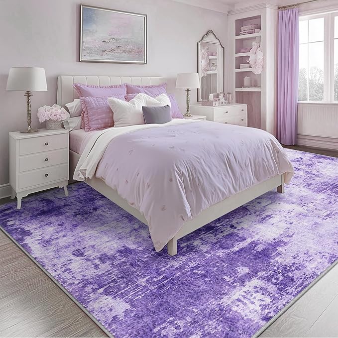 Washable Area Rugs 5'x7' Non-Slip Modern Abstract Soft for Living Room Entryway Bedroom Nursery, Print Pattern, Purple Gray Pink White