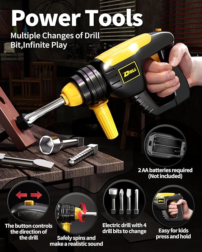 Deejoy 54Pcs Large Kids Tool Set with Electric Saw & Electronic Toy Drill, Pretend Play Kids Construction Set for Toddler 3-5 Years Old, Toddler Boy Toys-Orange