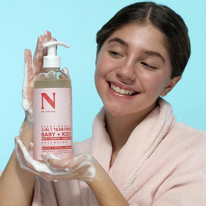 Dr. Natural 3-in-1 Tear-Free Baby Plus Kids Soap - Head-to-Toe Soap and Shampoo - Sensitive Skin Moisturizing Body Wash - Rosewater - 16 oz