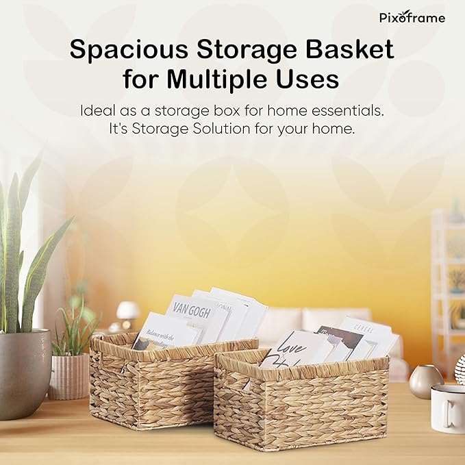 Large Rectangular Handwoven Wicker Basket - Natural Water Hyacinth Storage Baskets with 2 Built-in Handles - Ideal for Towel, Blankets, and Home Organizer & Decor - 16.5"x13"x7.50" - Brown