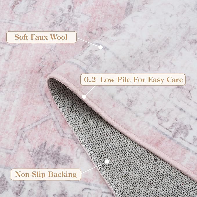 LIVEBOX Pink 9x12 Area Rug for Bedroom Girls, Boho Washable Rugs for Living Room Nursery, Non-Slip Indoor Soft Carpet Low-Pile Farmhouse Carpets for Dining Room Kids Playroom, Pink