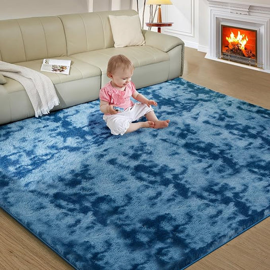 Ultra Soft Rug for Living Room, 9X12 Fluffy Shag Area Rug for Bedroom, Modern Shaggy Carpets Fuzzy Rug for Teens Dorm Nursery Home Decor Aesthetic, Upgrade Anti-Skid Durable, Tie-Dyed Blue Grey