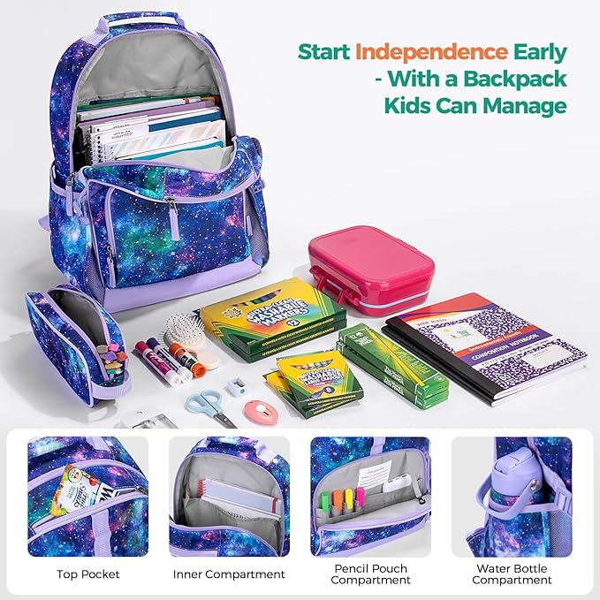 Choco Mocha Galaxy Backpack for Girls, Elementary School Backpack for Girls Ages 6-8 Kids Kindergarten Backpack Bookbag 17 Inch with Chest Strap, Purple