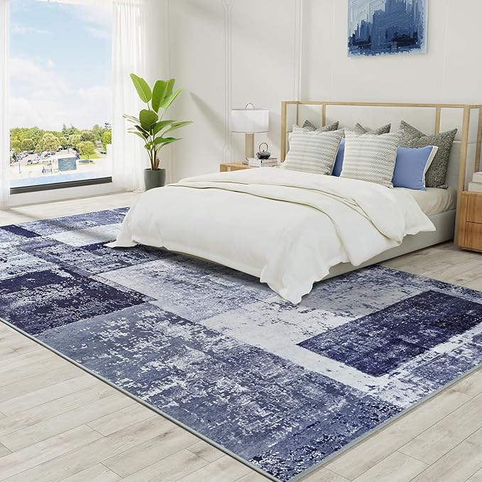 LOCHAS Rug for Living Room, Washable Soft Area Rugs for Bedroom 8x10, Abstract Carpet for Indoor Office Kids Dining Room Nursery Floor, Blue Geometric Vintage Home Decor, Non Slip, Pet Child Friendly
