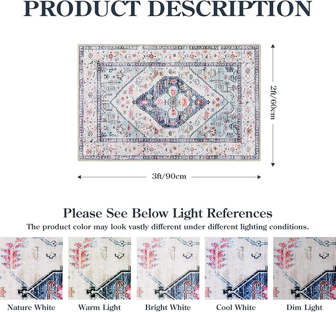 Lahome Boho Round Rug - 8Ft Washable Area Rug, Non-Slip Small Bathroom Rug, Lightweight Bedroom Throw, Oriental Distressed Print Carpet for Entryway, Sofa, Nursery, Kids Room