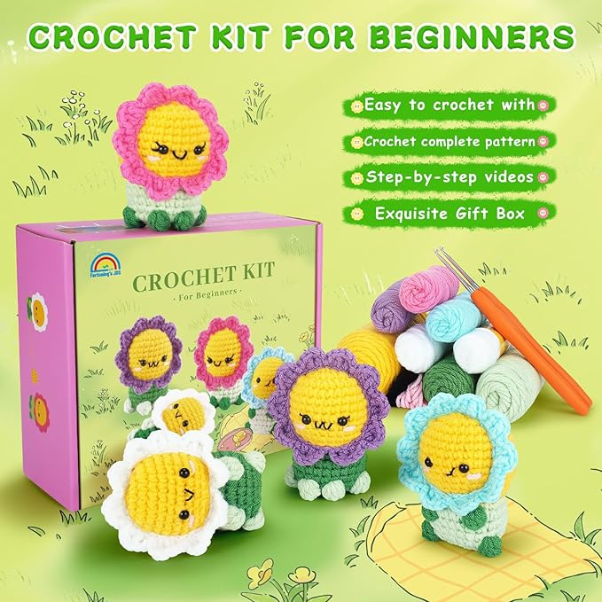 Crochet Kit for Beginners - 4PCS Flowers Complete Crochet Starter Kit with Step-by-Step Video Tutorials, Beginner Crochet Kits for Adults Kids Women, Flower Family Crocheting Set