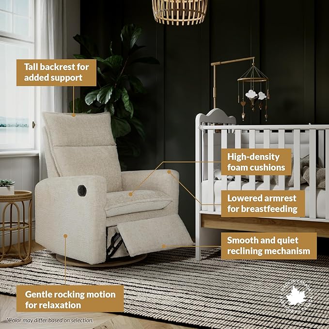 Jaymar Arya Modern Nursery Glider Recliner Chair – Cozy Nursing Chair with 360° Swivel for New Parents, Gentle Motion, Compact Design, High Back & Low Armrests, Canadian Made (Ivory/Nubia Fabric)