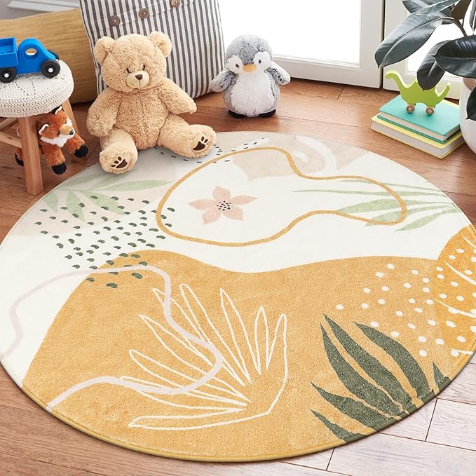 Lahome Boho Washable Round Rugs - 5ft Round Rug Non-Slip Soft Round Rugs for Living Room Throw Ultra-Thin Circle Area Rugs for Dining Room, Botanical Print Round Carpet for Nursery Classroom Office