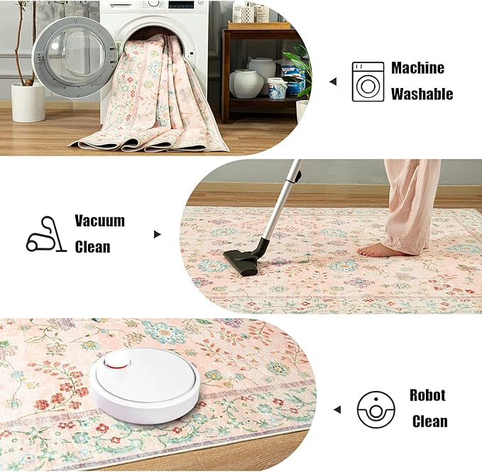 LOCHAS Washable Area Rugs 4x6, Pink Floral Rug for Living Room Bedroom Non Slip, Ultra Soft Vintage Indoor Carpet for Kids, Nursery, Dorm, Dining Room, Classroom, Boho Flower Home Decor, Low-Pile