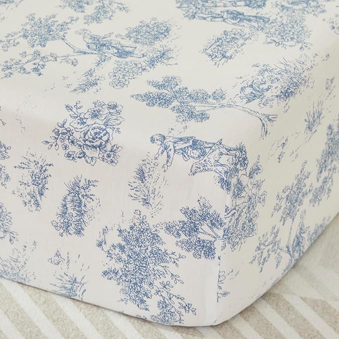 Brandream 3 Pieces French Country Toile Crib Bedding Set for Girls Vintage Blue Toile Floral Print 100% Cotton Baby Girl Nursery Bedding Collection - Ruffles Quilt,Toile Crib Sheet,Crib Bed Skirt