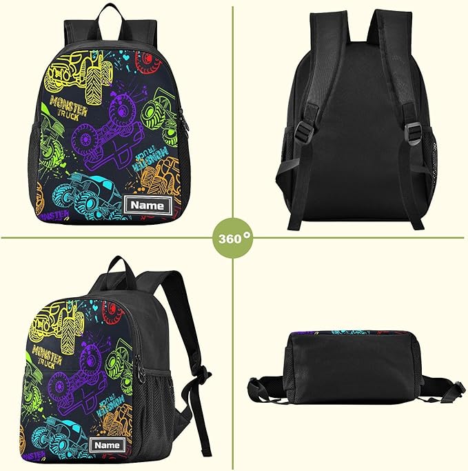 Colorful Monster Truck Toddler Backpack Waterproof Mini Backpack with Name/Text Preschool Backpack Cute Small Backpack Kindergarten Pre School Bags 13 Inch, Medium, Pattern 2