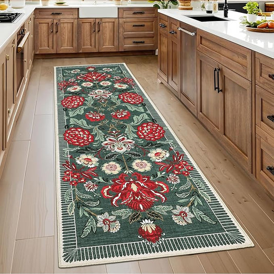 GarveeHome Floral Botanical 2x6 Washable Kitchen Runner Rugs Non Slip Grey Green Vintage Boho Cottage Long Rug for Hallways Bedroom Entryway Bathroom Mat with Rubber Back