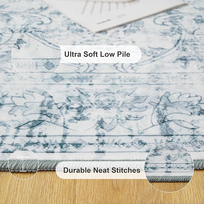 Light Blue 6x9 Area Rug Machine Washable for Living Room, Distressed Non Slip Rugs for Bedroom, Traditional Indoor Retro Floral Accent Vintage Carpet for Office Dining Room, Dorm