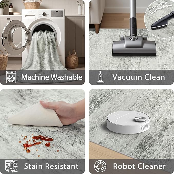 Area Rug 9x12 Washable Rugs: Abstract Large Living Room Rugs with Non-Slip Backing, Thin Carpet for Dining Room Table Bedroom Nursery Indoor Home Office-Gray