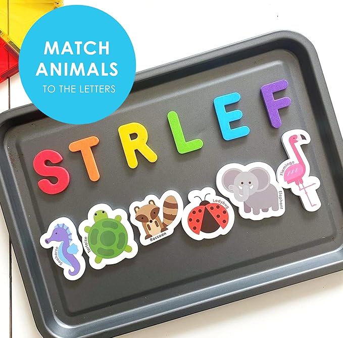 Curious Columbus Toddler Magnets – Animal Fridge Magnets for Kids | 52 Refrigerator Magnets with 26 Animals + 26 ABC Magnetic Letters | Foam Alphabet Learning Set for Toddlers