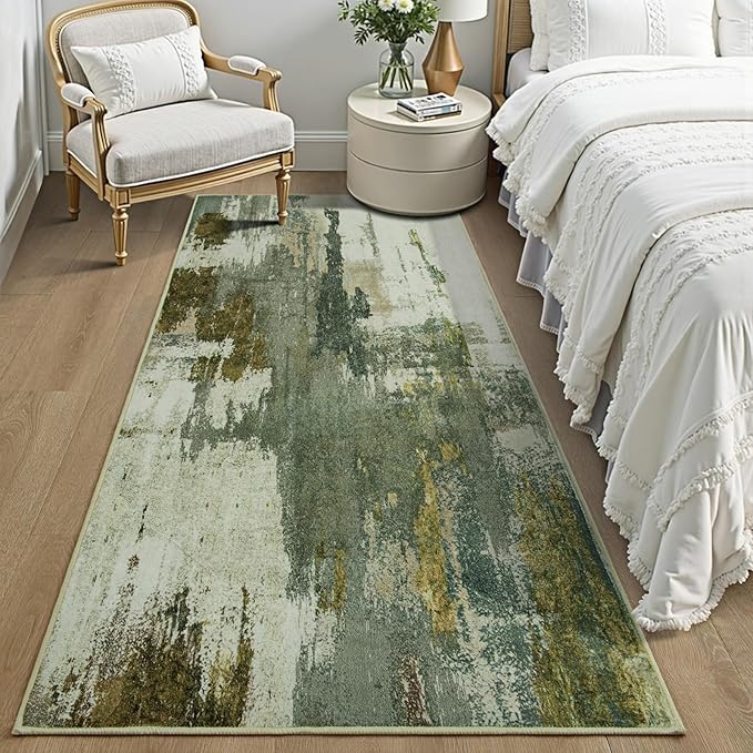 Washable Runner Rug, 2x6 Kitchen Rugs Green Long Runner Rugs with Rubber Backing, Abstract Non-Slip Carpet Runners for Hallways, Kitchen, Bedroom, Laundry, Entrance