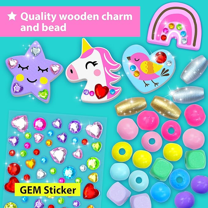 KRAFUN Unicorn Bracelet Craft Kit for Kids, Premium Wooden Beads, 14 Easy DIY Friendship Bracelets, Charms, Gem Stickers, Instructions, Gift for Girls