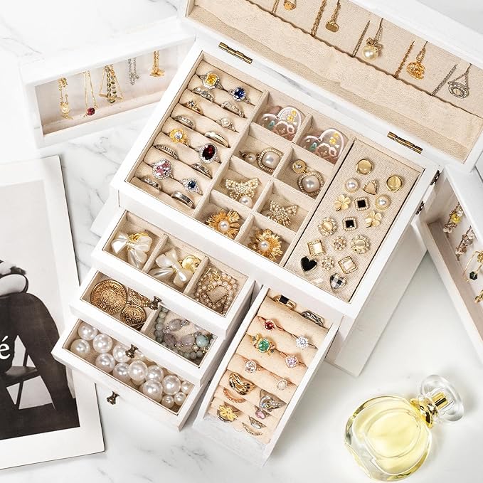 Jewelry Box Organizer, Solid Wood Jewelry Boxes for Women for Storage & Display Necklace Ring Earring Bracelet, Rustic Style Jewelry Organizer Box for Women Gifts (Weathered White)