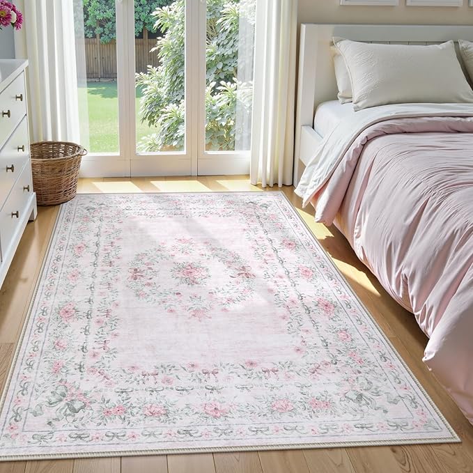 Wonnitar Floral Bow Pink Rug for Bedroom, Washable 5x7 Area Rug for Girls Nursery, Ultra-Thin Non Slip Soft Boho Carpet for Kids Room Dorm Living Room, Light Pink