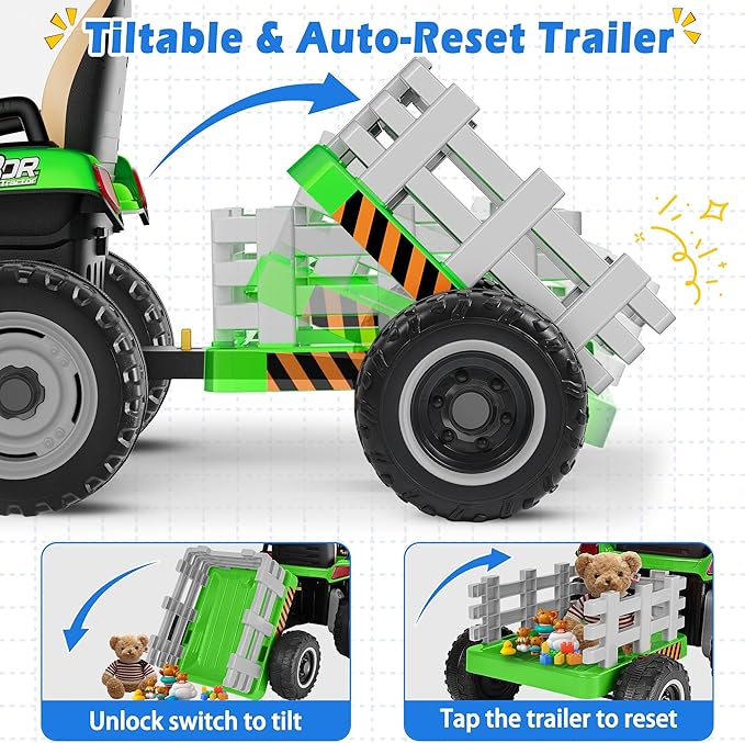 24V Ride On Tractor w/Tiltable & Detachable Trailer, 2x65W Motors, EVA Tires, Remote Control, Bluetooth, Shifter, Music, Electric Car for Kids, Green