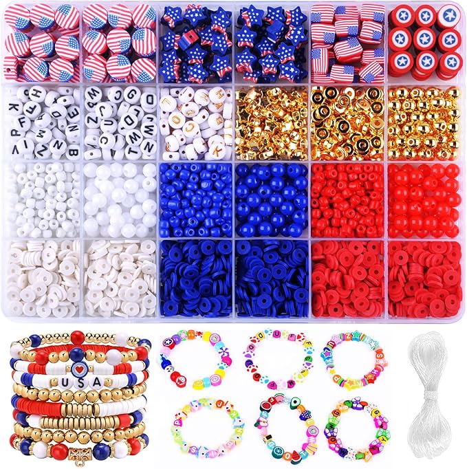 2480pcs President's Independence Day Polymer Clay Beads Charms Friendship Bracelet Necklace Earring Jewelry Making kit, Accessories for Arts Crafts DIY Birthday Gifts for Girls Children American Flag