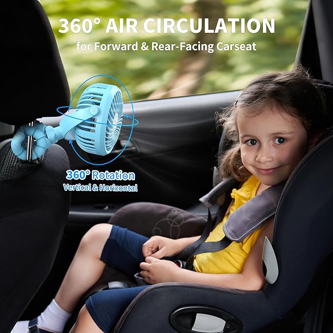 AMACOOL Battery Operated Stroller Fan Flexible Tripod Clip On Fan with 3 Speeds and Rotatable Handheld Personal Fans for Car Seat Crib Bike Treadmill (Blue)