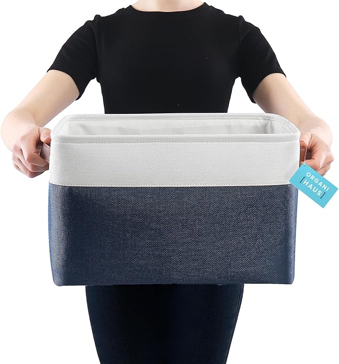 OrganiHaus Extra Large Fabric Storage Bins for Shelves 16x13in, Closet Storage Baskets for Shelf Organizing, Canvas Rectangle Bins for Organization, Linnen Baskets for Organizing - Navy Blue/White