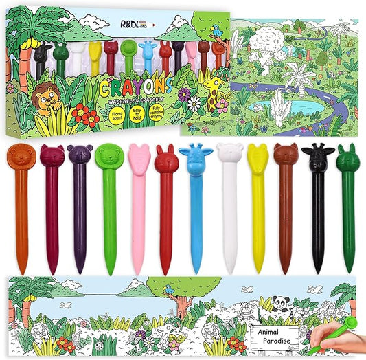 R&DLanci Animal Crayons for Kids, 11-colors Washable Crayon Set with Eraser & Drawing Paper, Non-Toxic Crayon, Easy to Hold, Mess-Free Crayons for Toddlers, Art Supplies for Toddlers and Kids Ages 3+