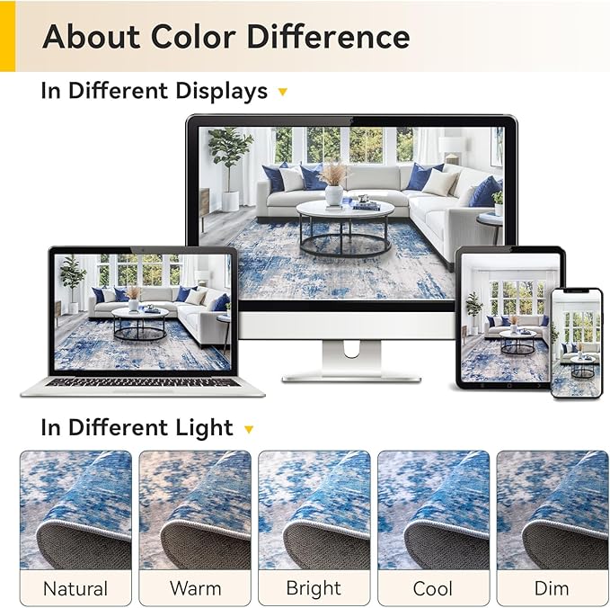 Washable Area Rugs 6ft Non-Slip Modern Abstract Soft for Living Room Entryway Bedroom Nursery, Print Pattern, Blue Grey Navy Gray