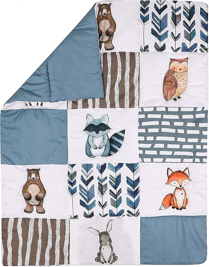 PINNKKU 3-Piece Crib Bedding Set for Boys, Includes Crib Skirt, Blanket, Sheet, Woodland Animals, Standard Size