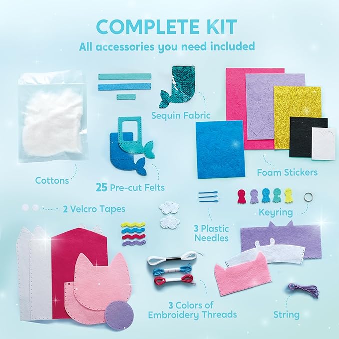 Klever Kits 7 Sewing Projects- My First Kids Sewing Kit- Easy DIY Arts and Crafts for Girls, Craft Kits, Birthday Gifts for Kids Aged 6+, Unicorn and Mermaid Pillow