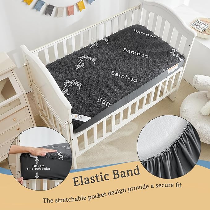 BEDLORE Waterproof Crib Mattress Protector 2 Pack, Ultra Soft Bamboo Viscose Crib Mattress Pad Cover, Noiseless Toddler Mattress Protector for Standard Baby Mattress Size 52''x28'', Dark Gray