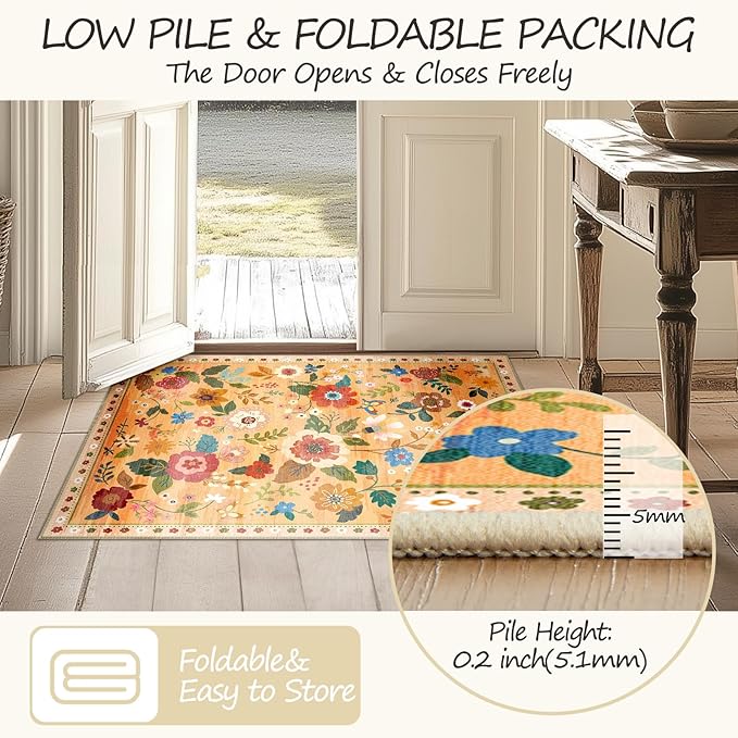 Floral 2x6 Area Rug Machine Washable Soft Print Boho Carpet Non Slip Doormat Low Pile Flower Area Rugs for Living Room Bedroom Nursery Kitchen Dining Room Indoor-Yellow/Orange