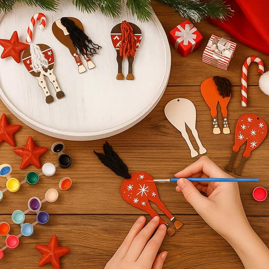 Geelin 24 Pcs Christmas Wooden Horse Craft Western Ornament Unfinished Wooden Cutouts Horse Painting Kit Unicorn Ornament DIY Cowboy Craft Paint Your Own Art for Christmas Party Favors(Buttock)