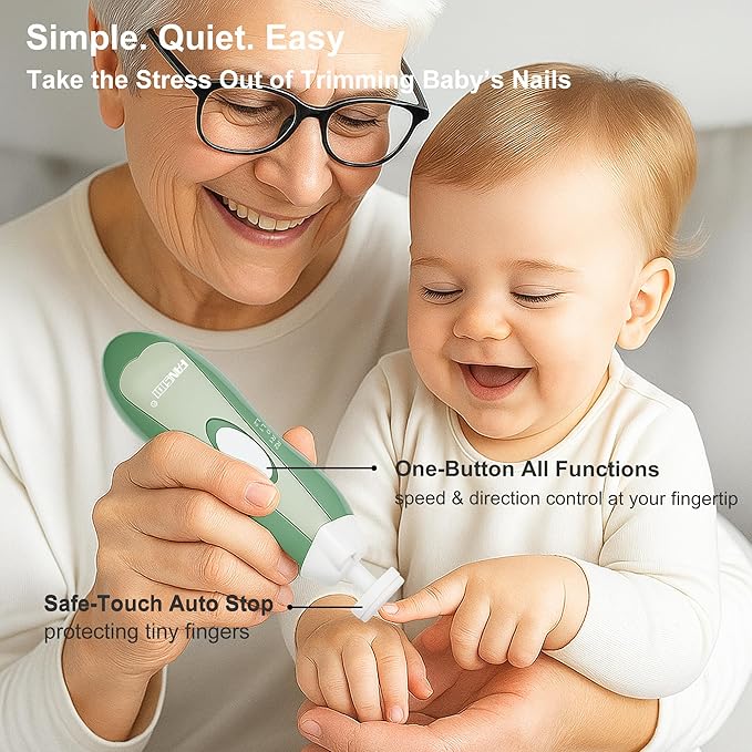 Fansidi Baby Nail Trimmer Electric – Limited Forest Serenity Green, Gentle Baby Nail File Electric| 10 Grinding Heads + 8 Replacement Pads| Quiet LED |Baby Nail Clippers for Newborn Infant Toddler