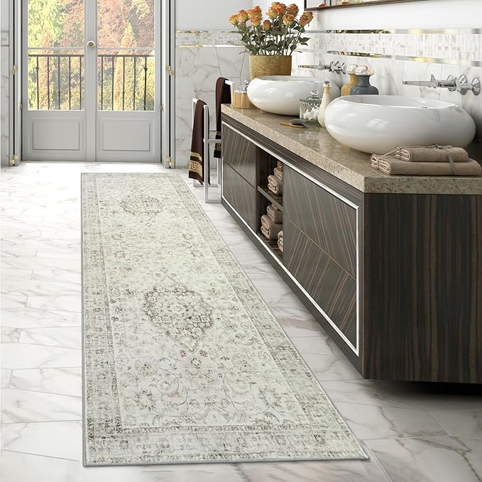 LIVEBOX Washable 2.5x8 Runner Rugs for Entryway Bathroom, Boho Kitchen Floor Mats Long Rug Runners for Hallways Non Slip, Farmhouse Low-Pile Carpet Runners for Laundry Room, Taupe