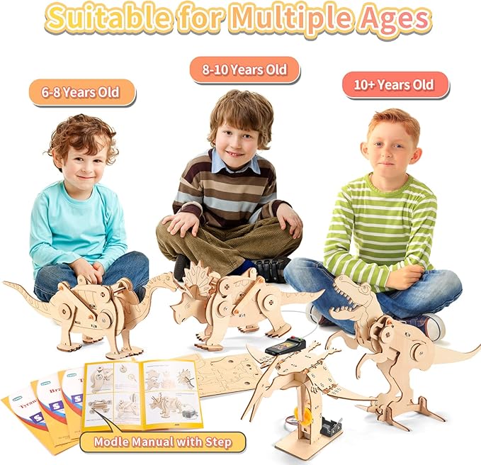 Dinosaur STEM Kits for Kids Ages 6-8-10-12, 4 in 1 Wood Building Toys for Boys Age 8-12, Build It Yourself Woodworking Kit, DIY 3D Wooden Puzzles Model Science Crafts for Kids, Stem Projects