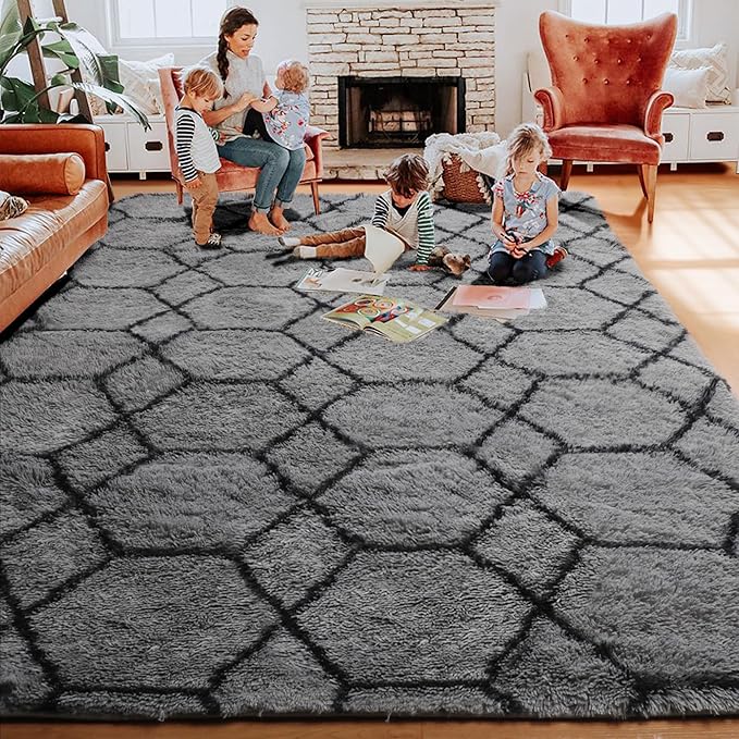 ONASAR 6x9 Area Rugs for Living Room Bedroom, Washable Large Fluffy Grey and Black Throw Rug, Geometric Soft Plush Shaggy Fuzzy Floor Carpet for Nursery Kids Girls Boys Teen Dorm Home Office Decor