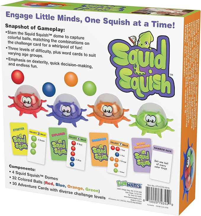 Funwares Colorful Squid Squish: Fast-Paced Floor Game for Kids, Interactive Learning, Hand-Eye Coordination, Counting and Color Game, Active Play, 2-4 Players, Ages 4-8