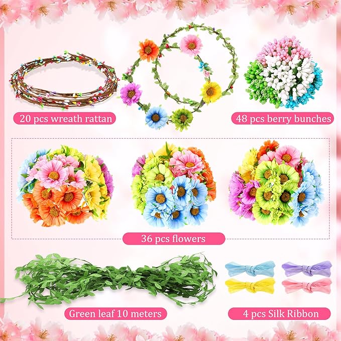 Syhood Daisy Crowns Making Kit, 109 Pieces Parts, Make Your Own Flower Crown Wreath Headbands and Bracelets Craft Kit Hair Accessories Handmade DIY Floral Garland Presents for Girls