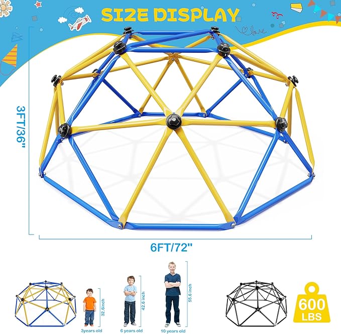 Climbing Dome, 6FT Geometric Dome Climber for Kids, Kids Indoor Outdoor Jungle Gym Supports 600lbs, Easy Assembly Playground Jungle Gym Backyard Play Equipment, Yellow+Blue