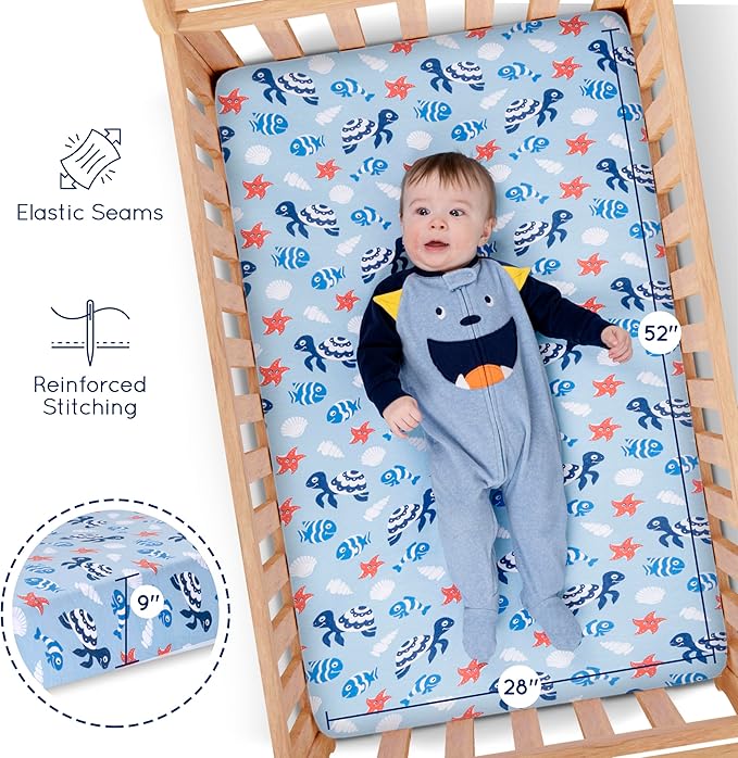 GROW WILD Blue Ocean Baby Crib Sheets for Boys (3 Pack) - Jersey Knit Fitted Sheet (52" x 28"), Toddler Bedding Set & Baby Boy Crib Bedding Set, Turtles and Sea Animals Theme