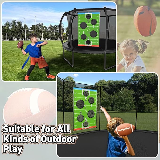 jumpfly Trampoline Football Game Accessories, Toss Throwing Target Net Fits 8 FT/10 FT/12 FT/14 FT Recreational Trampolines with Two Footballs - Trampoline Indoor Outdoor Party Games for Kids