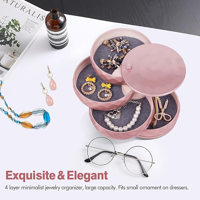 CONBOLA Travel Jewelry Case Box, Small Jewelry Organizer Earring Holder for Women, 5-Layer Rotating Jewelry Storage Tray with Lid for Bracelets Rings Bracelets