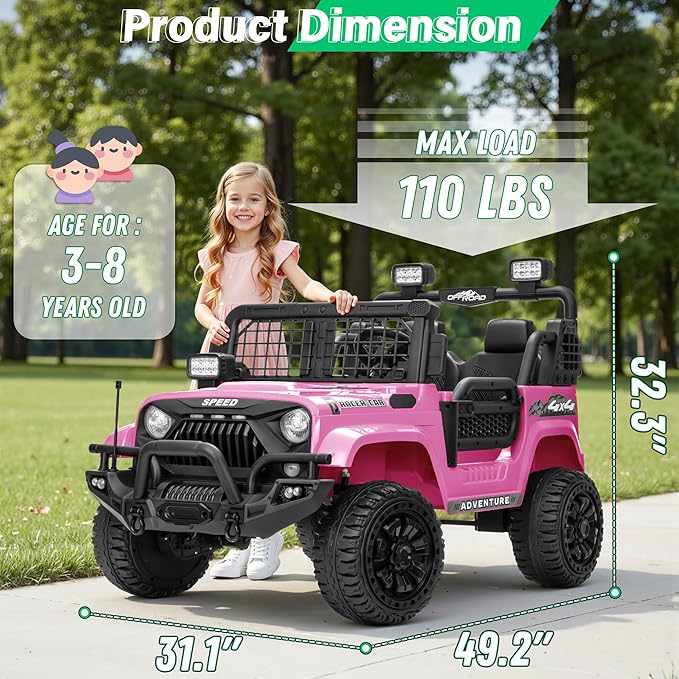 2 Seater Ride On Car Truck with Remote Control XL, Kids 24V Battery Powered Electric Vihicle w/21 in Seat, 3 Speeds, 2WD/4WD Switichable, Shock Absorbers,Bluetooth, Flower, Gift Choice