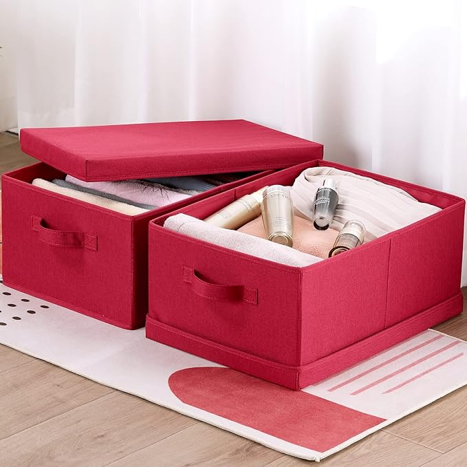 HOONEX Storage Bins with Lids for Organizing, Pack of 2, Storage Boxes with 2 Carrying Handles and Sturdy Heavy Cardboard, 16.5" L x 11.8" W x 7.5" H for Shoes, Books, Clothes, Red